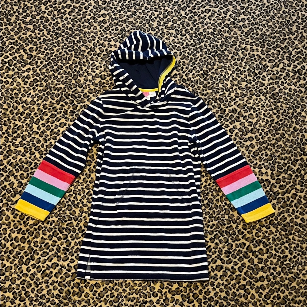 Boden Girls 8/9 Navy/White/Rainbow  Striped Hooded Swim Coverup